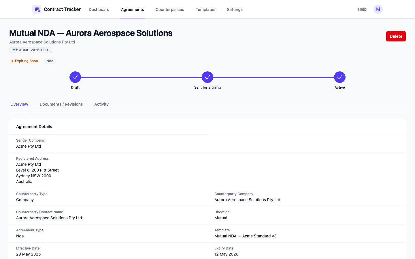 Agreement detail showing effective date, expiry date, and Expiring Soon status