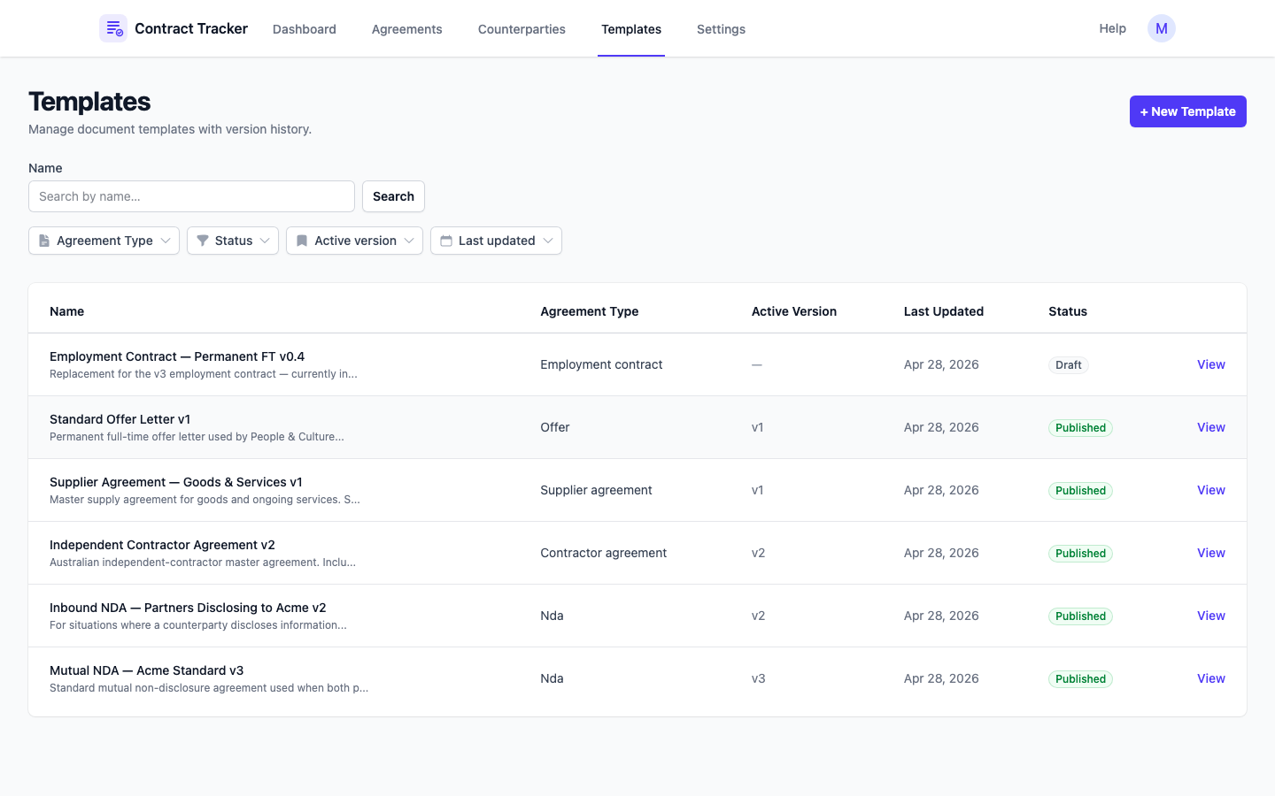 Template library showing 5 published templates with version history